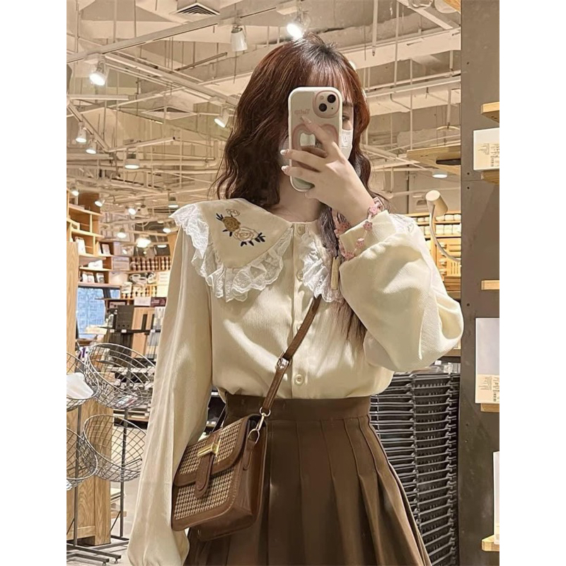 SET ÁO BE CỔ SEN REN MIX CHÂN VÁY NÂU