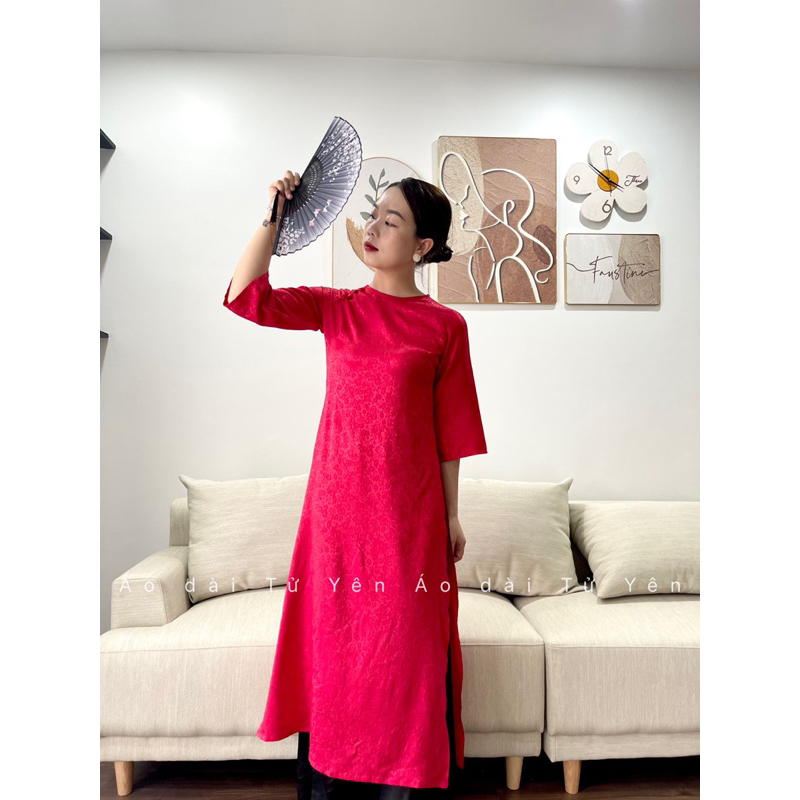 Áo dài lụa hoạ tiết Nhã Uyên thiết kế suông tay lỡ Hot nhất 2023