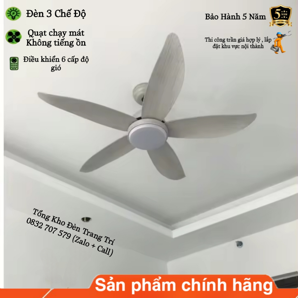 Động cơ DC inverter-100% lõi đồng - Quạt Trần Đèn 5 cánh mã 8017 xám - 6 Cấp Độ Gió,3 Chế Độ Đèn LED, Điều khiển từ xa