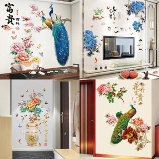 Decal dán tường chim công và hoa mẫu đơn decor trang trí
