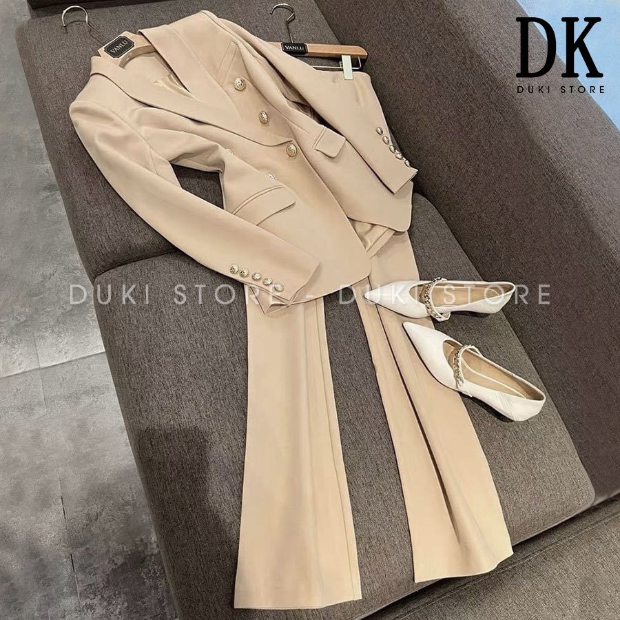 Bộ vest nữ quần ống loe màu kem cuốn hút DKX0044- DUKI STORE