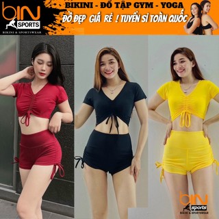 Bộ đồ tập gym yoga aerobic thể thao nữ áo croptop ngắn tay và quần đùi dây rút chất liệu thun poly BINSPORTS BN022