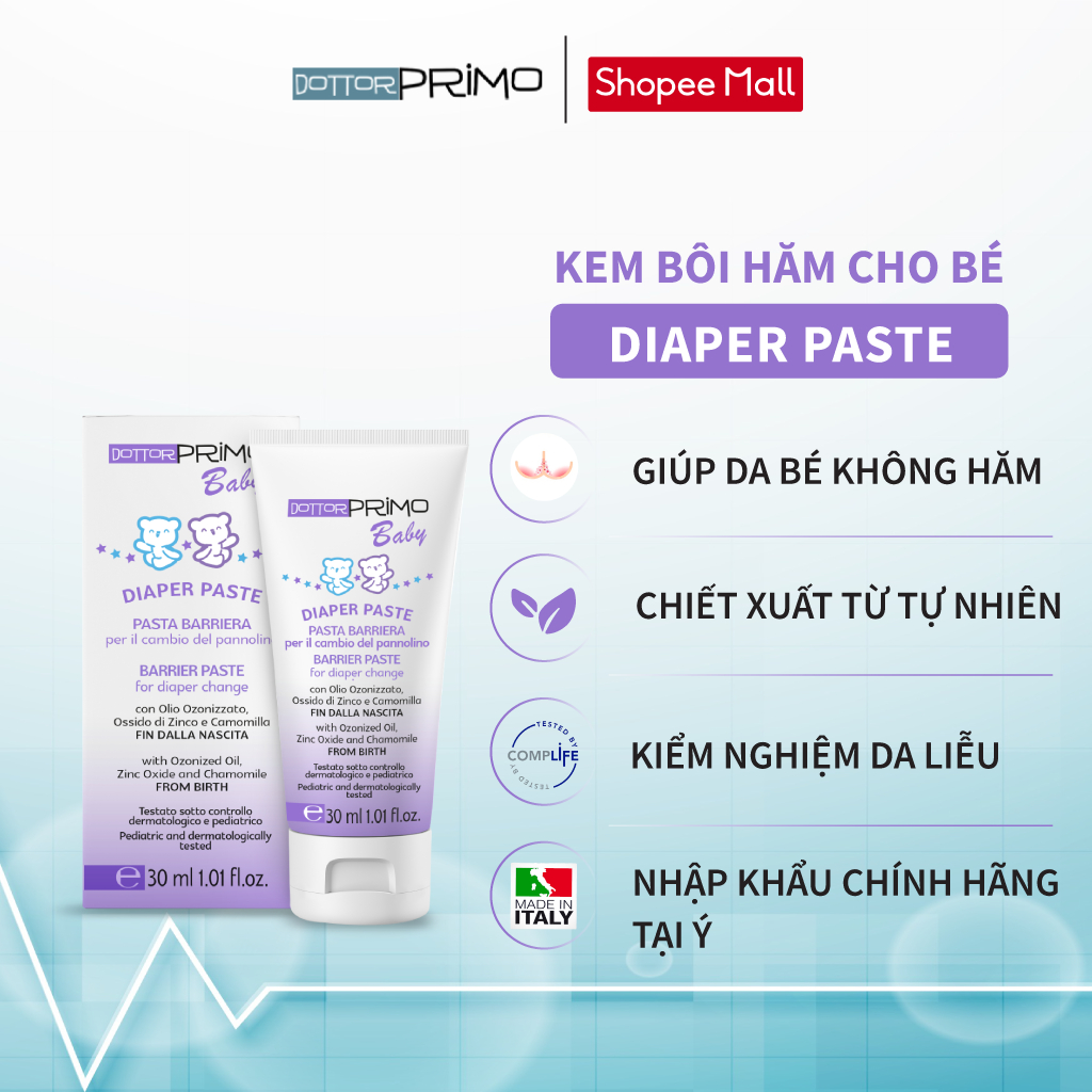 Kem Bôi Hăm Cho Bé DottorPrimo Diaper Paste 30ml - Giúp Ngừa Hăm Bỉm Tã, Lành Vết Hăm Đỏ & Dưỡng Da Cho Bé