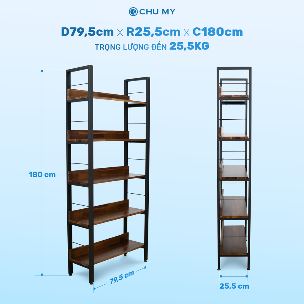 Kệ sách - Kệ trang trí gỗ tràm 5 tầng phong cách hiện đại - Khung thép sơn tĩnh điện - Mặt gỗ dày 17mm - 25.5KG