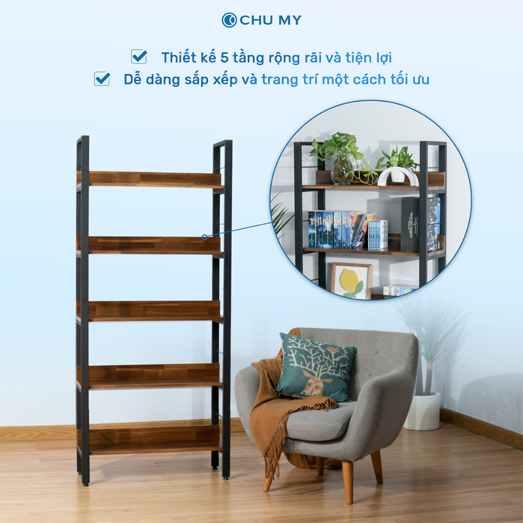 Kệ sách - Kệ trang trí gỗ tràm 5 tầng phong cách hiện đại - Khung thép sơn tĩnh điện - Mặt gỗ dày 17mm - 25.5KG