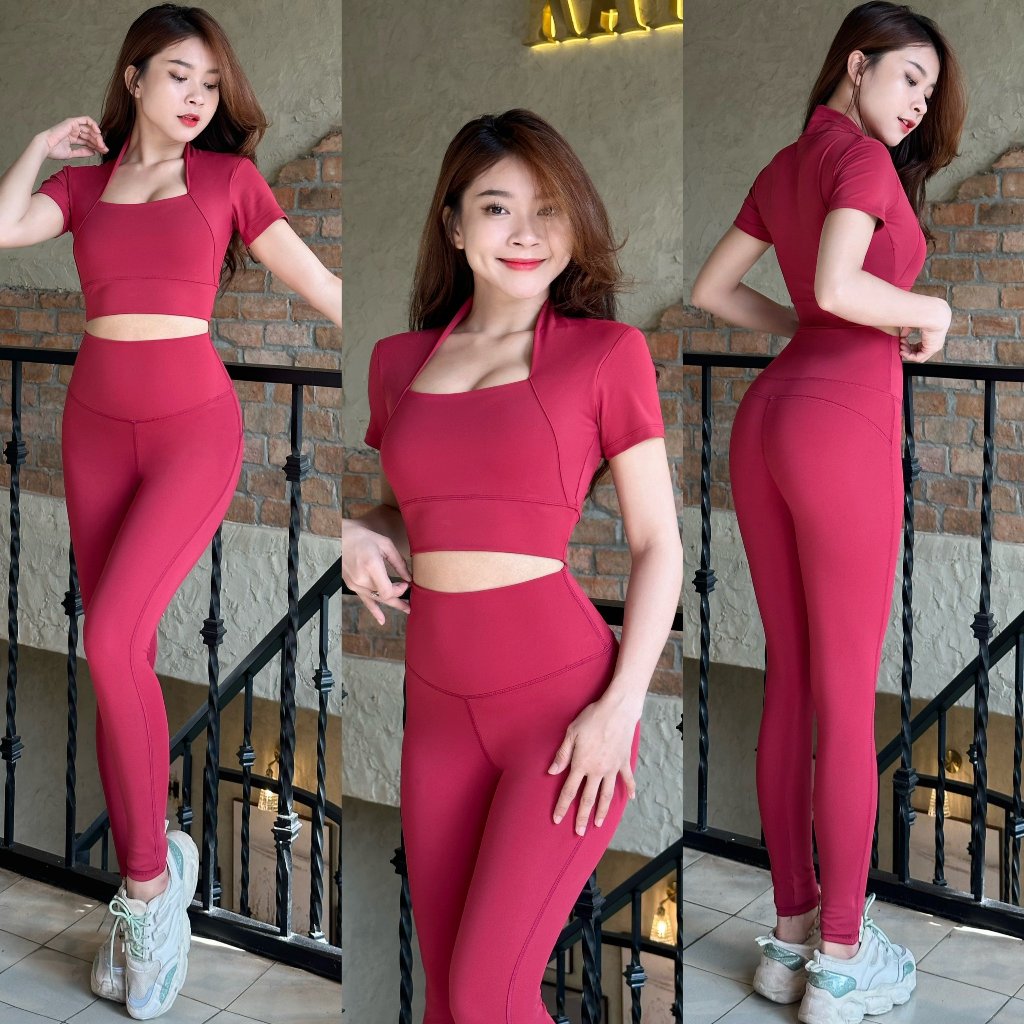 Đồ tập gym yoga nữ set đồ thể thao nữ quần dài áo cộc tay cổ cao kèm mút chất vải thun lạnh co giãn 4 chiều - D01