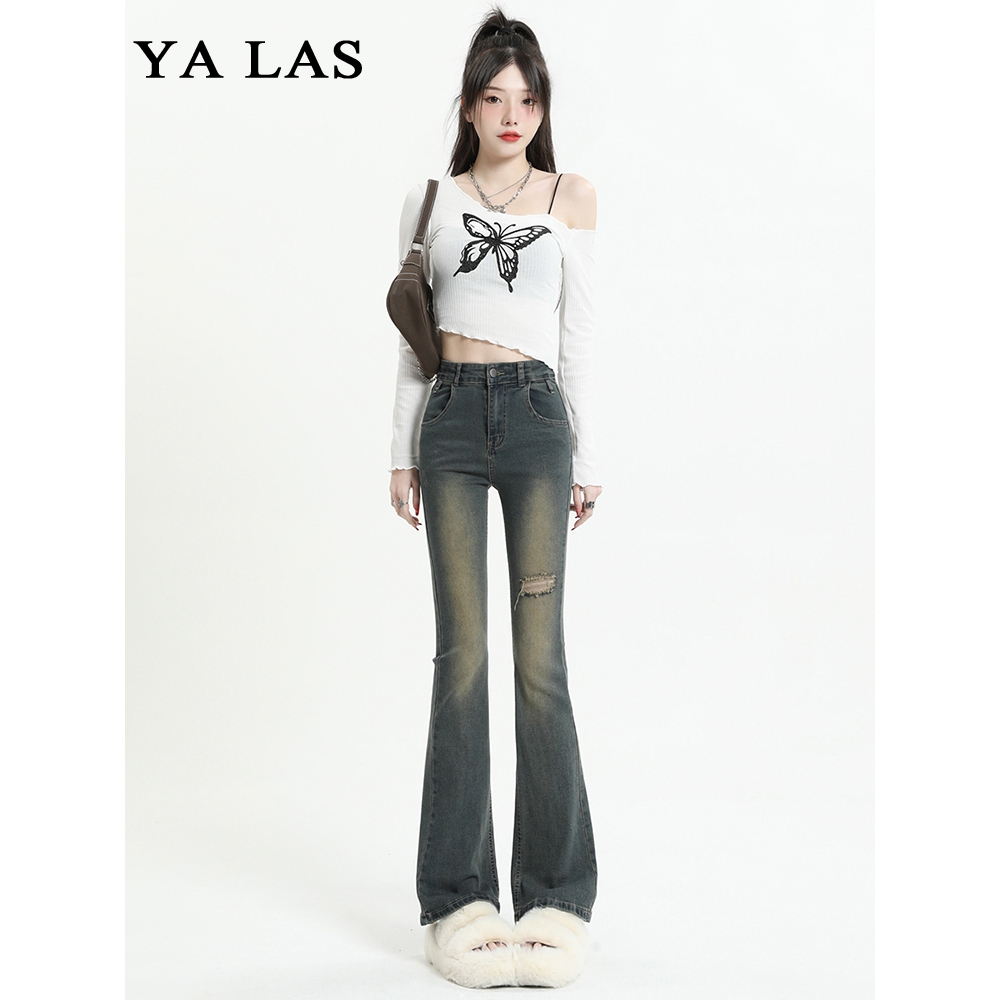 Quần jean ống loe , quần jean ống loe rách đùi co giãn vintage HIliko QuanJeanrachQ49_P0K11