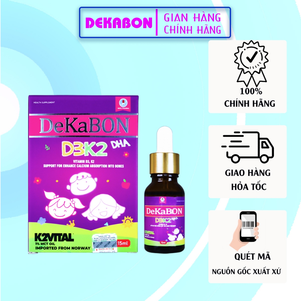 Vitamin D3 K2 DHA Dekabon 15ml, dạng nhỏ giọt giúp tăng cường hấp thu Canxi từ xương cho trẻ bộ khung xương chắc, khỏe