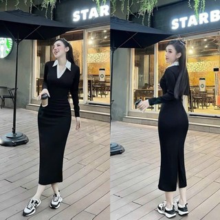 Đầm váy nữ thun gân tay dài ôm body cổ bẻ phối màu họa tiết xẻ tà cực kì tôn dáng cho các tình yêu đi dự tiệc, đi chơi