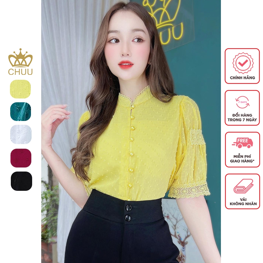 Áo sơ mi công sở nữ bông tuyết cổ tàu ren CHUU A9413