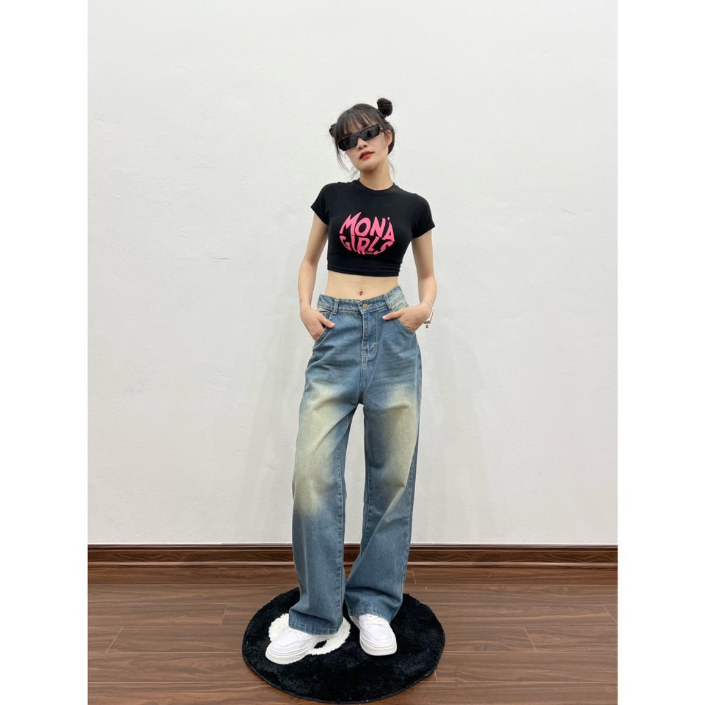 Quần jean wash xanh vintage, màu sắc retro unisex nam nữ