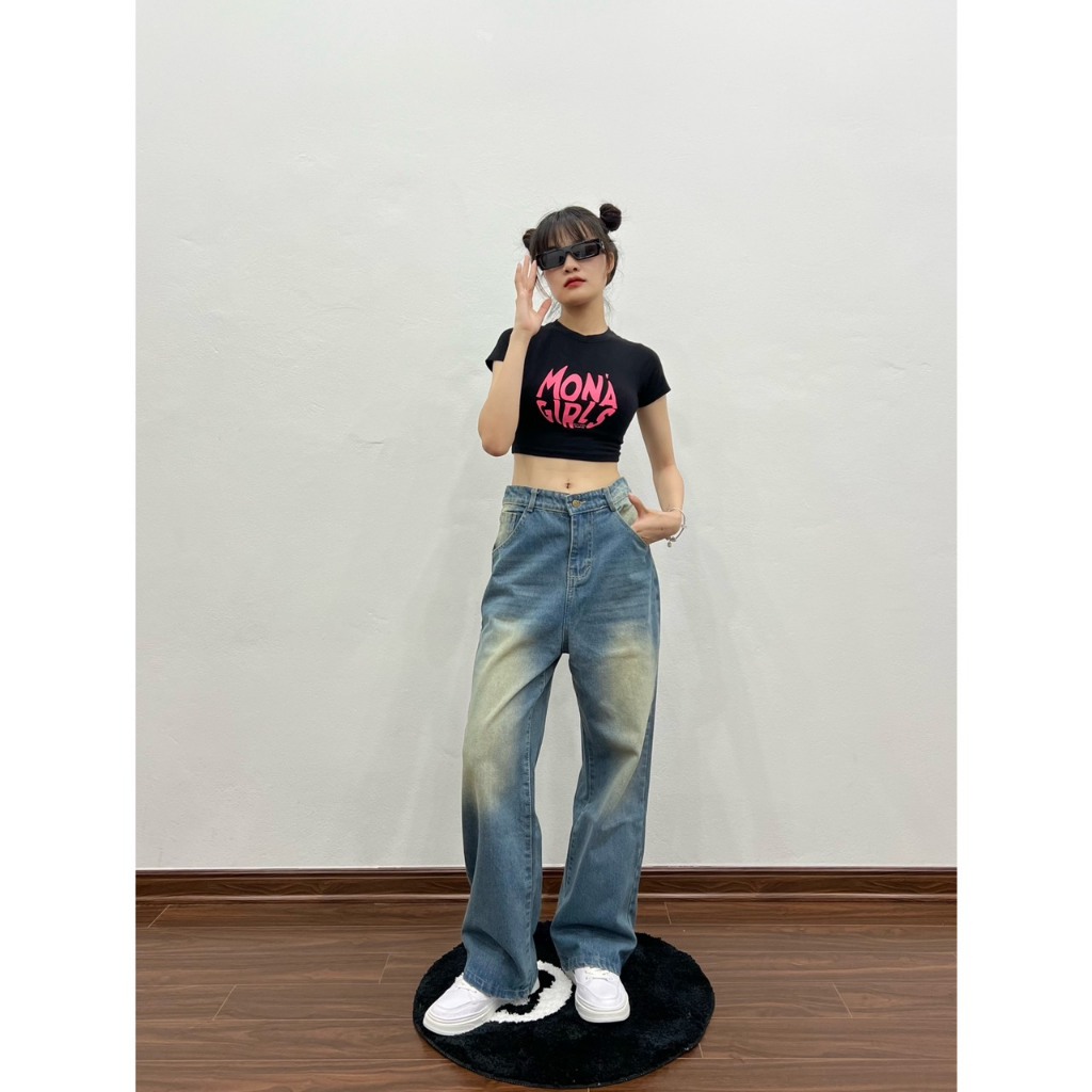 Quần jean wash xanh vintage, màu sắc retro unisex nam nữ