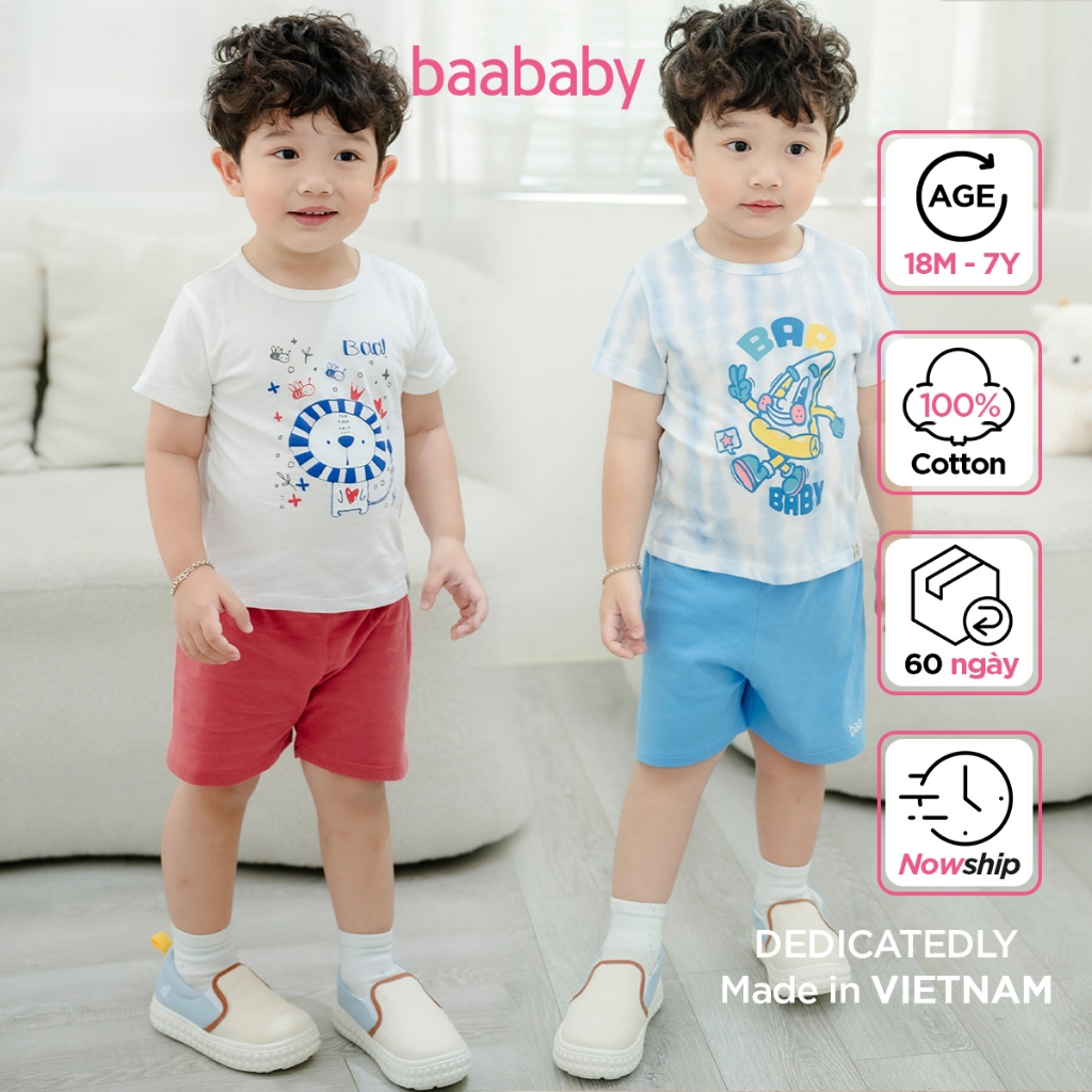 Set đồ bộ cho bé trai, bé gái in họa tiết, đồ bộ tay ngắn unisex cho bé từ 1-7 tuổi Baa Baby - BT-DB03N