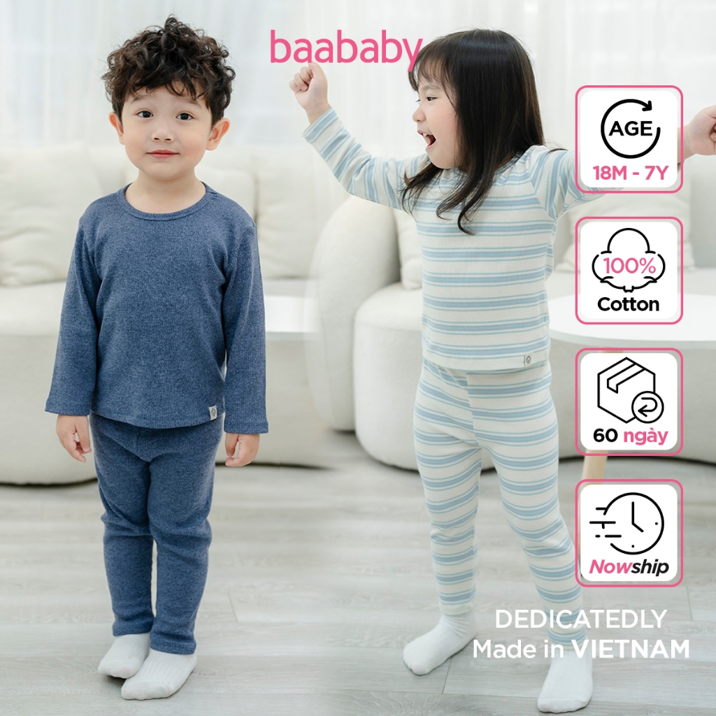 Đồ bộ quần áo, đồ ngủ, bộ dài tay thun gân bé trai bé gái cotton BAA BABY từ 1 tuổi - 7 tuổi