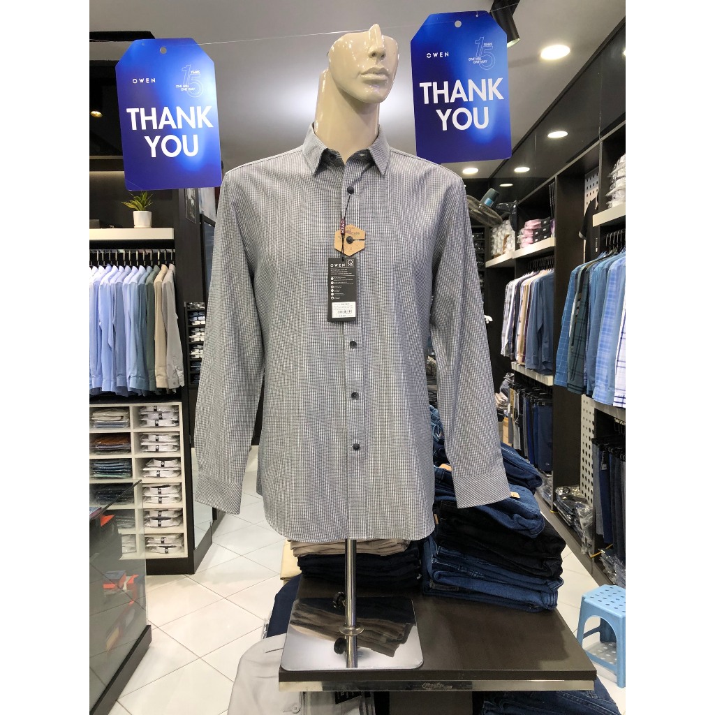 Áo sơ mi owen dài tay màu ghi caro slim fit vải cafe AS23348D