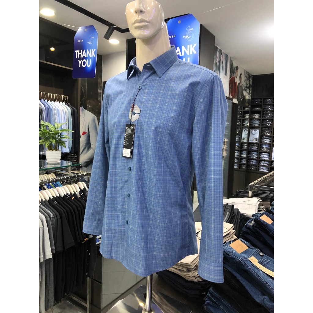 Áo sơ mi owen dài tay màu xanh navy kẻ caro nhỏ slim fit vải cafe AS220882D