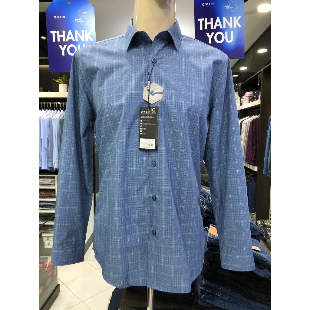 Áo sơ mi owen dài tay màu xanh navy kẻ caro nhỏ slim fit vải cafe AS220882D