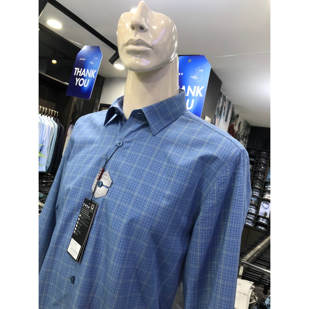 Áo sơ mi owen dài tay màu xanh navy kẻ caro nhỏ slim fit vải cafe AS220882D