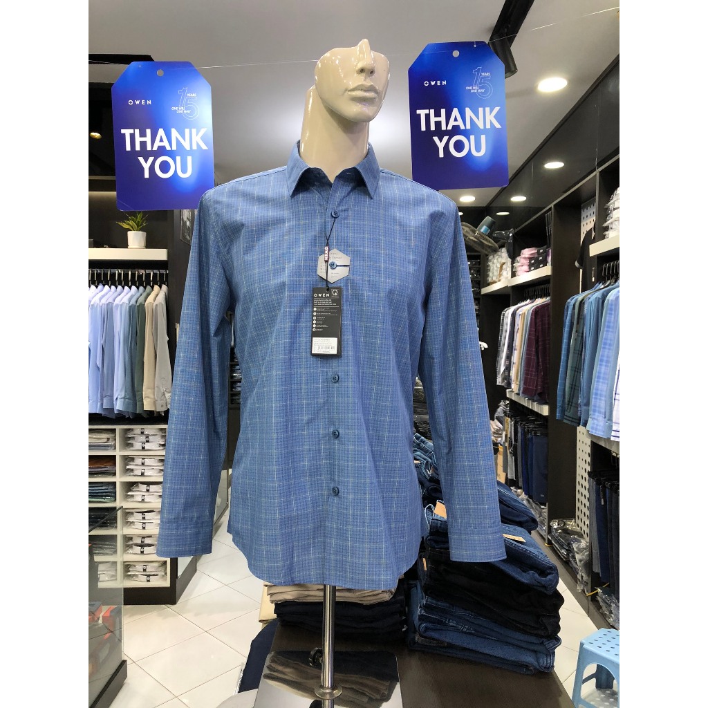 Áo sơ mi owen dài tay màu xanh navy kẻ caro nhỏ slim fit vải cafe AS220882D