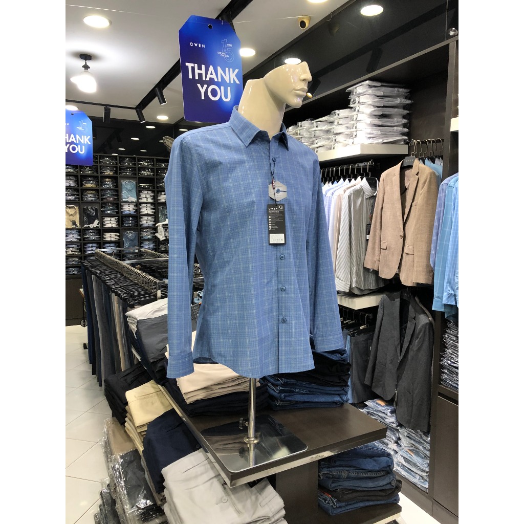Áo sơ mi owen dài tay màu xanh navy kẻ caro nhỏ slim fit vải cafe AS220882D