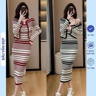 [V438] SET ĐẦM VÁY LEN QUẢNG CHÂU TIỂU THƯ DÀI TAY THU ĐÔNG GỒM ÁO KHOÁC VÀ VÁY 2 DÂY ĐIỆU ĐÀ - ĐẦM BẦU XINH FREESIZE