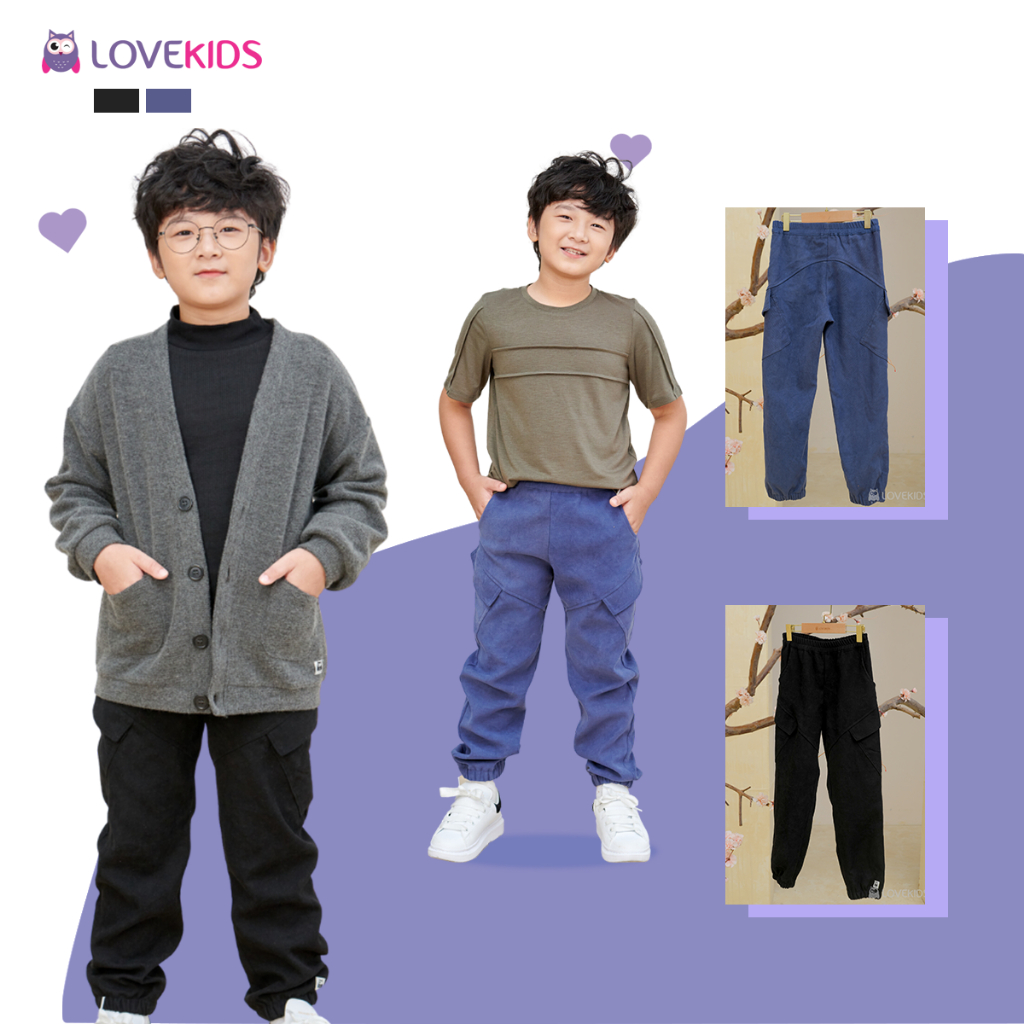 Quần bé trai Lovekids, quần nhung bomber bé trai phối túi, màu đen, xanh, size từ 7 đến 15 tuổi