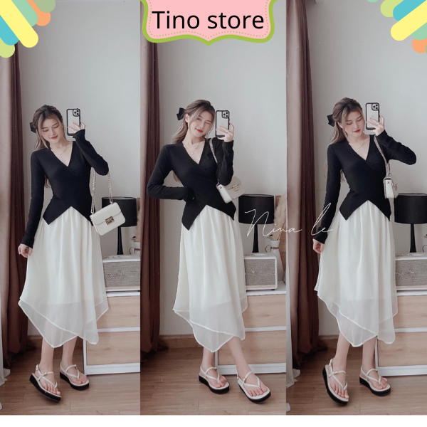 Áo len tăm đen 2 tà mix chân váy trắng 3 lớp cho các nàng