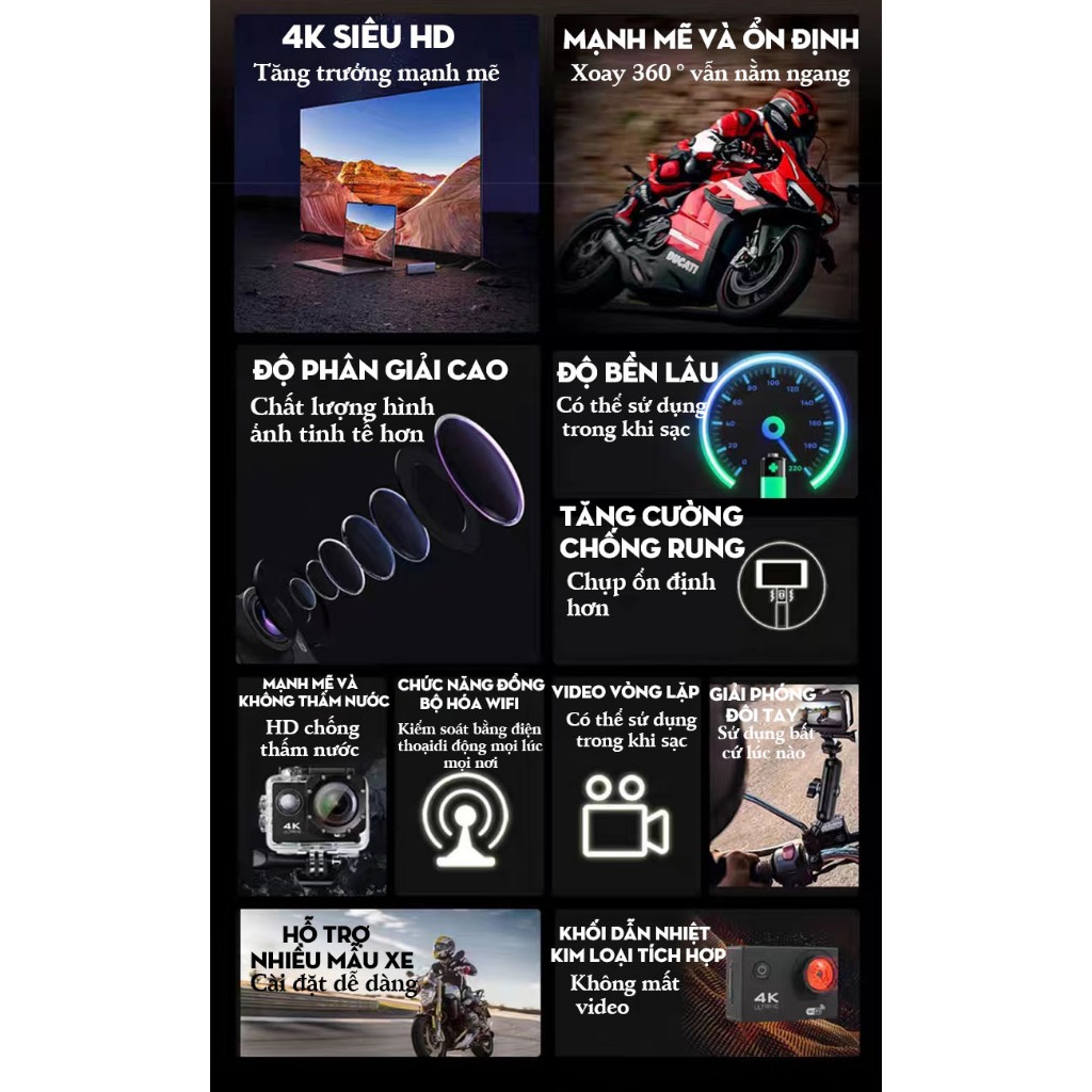 Camera thể thao 4K Máy ảnh thể thao chống thấm nước Camera chống rung Máy ảnh HD Máy ghi âm lái xe wifi