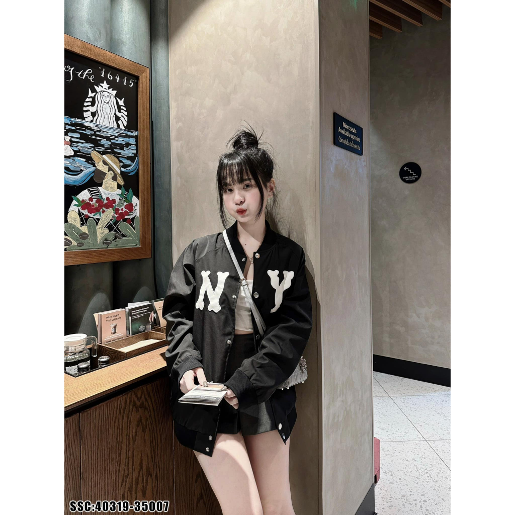Áo khoác bomber nam nữ NY vải gió đen thêu chữ ống bo chun MỚI 2023