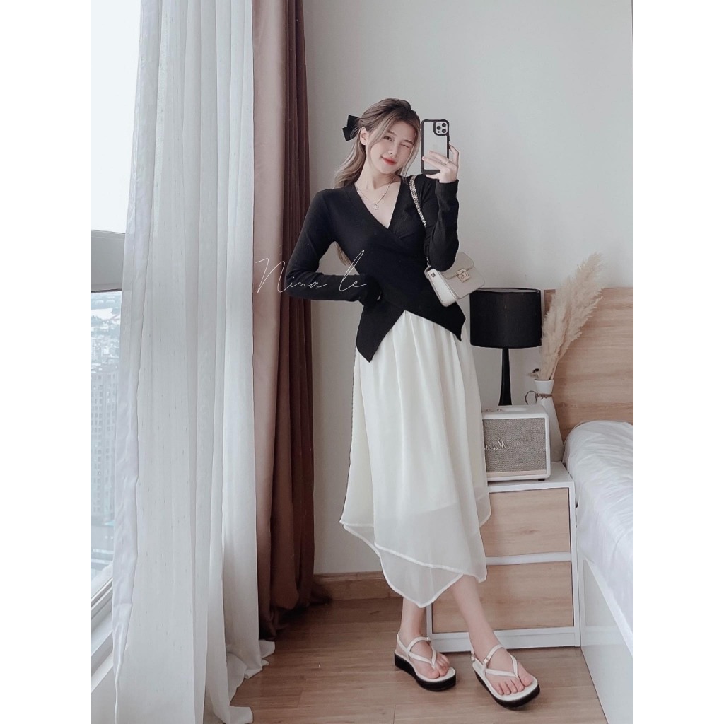 Áo len tăm đen 2 tà mix chân váy trắng 3 lớp cho các nàng