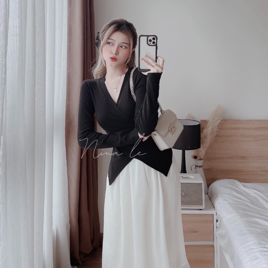 Áo len tăm đen 2 tà mix chân váy trắng 3 lớp cho các nàng