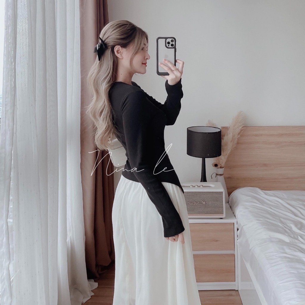 Áo len tăm đen 2 tà mix chân váy trắng 3 lớp cho các nàng