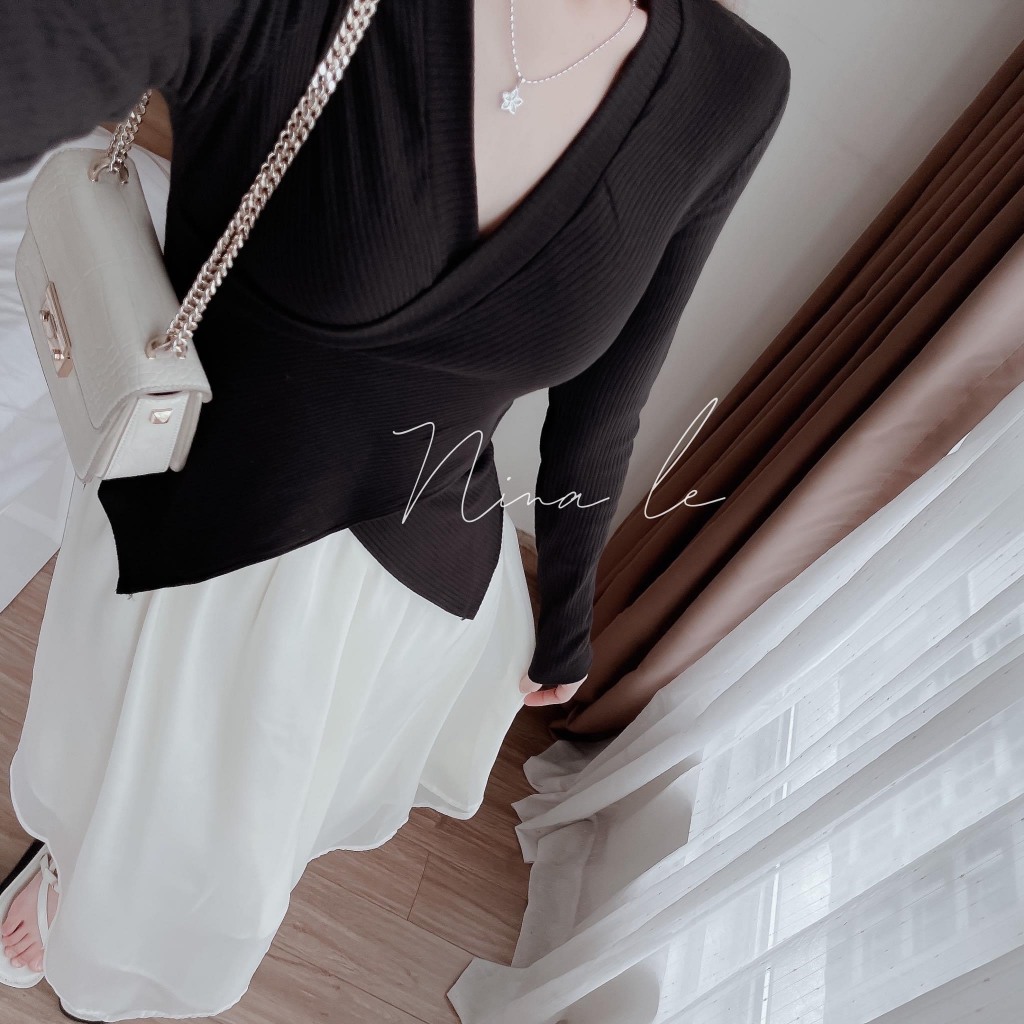 Áo len tăm đen 2 tà mix chân váy trắng 3 lớp cho các nàng