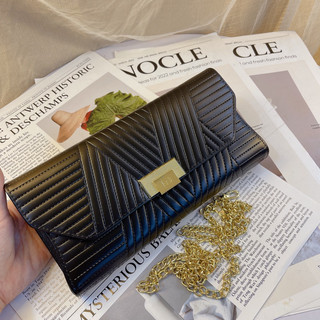 clutch cầm tay khuy vàng da vân chéo cực sang chảnh, ví kèm dây xích đeo túi