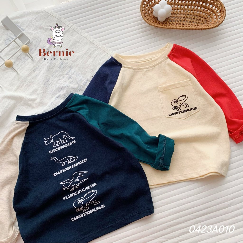 Áo dài tay thu đông cotton phối tay khủng long Bernie cho bé