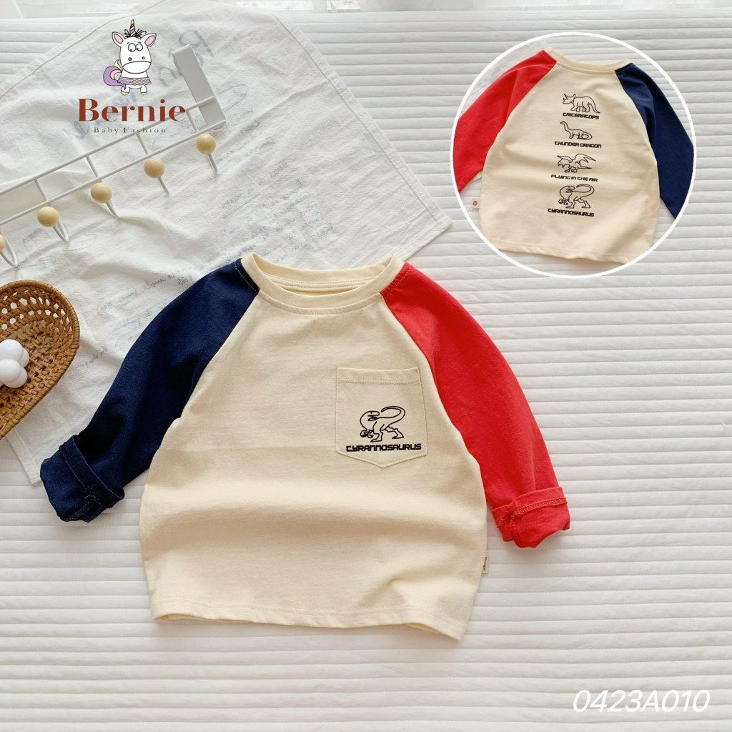 Áo dài tay thu đông cotton phối tay khủng long Bernie cho bé