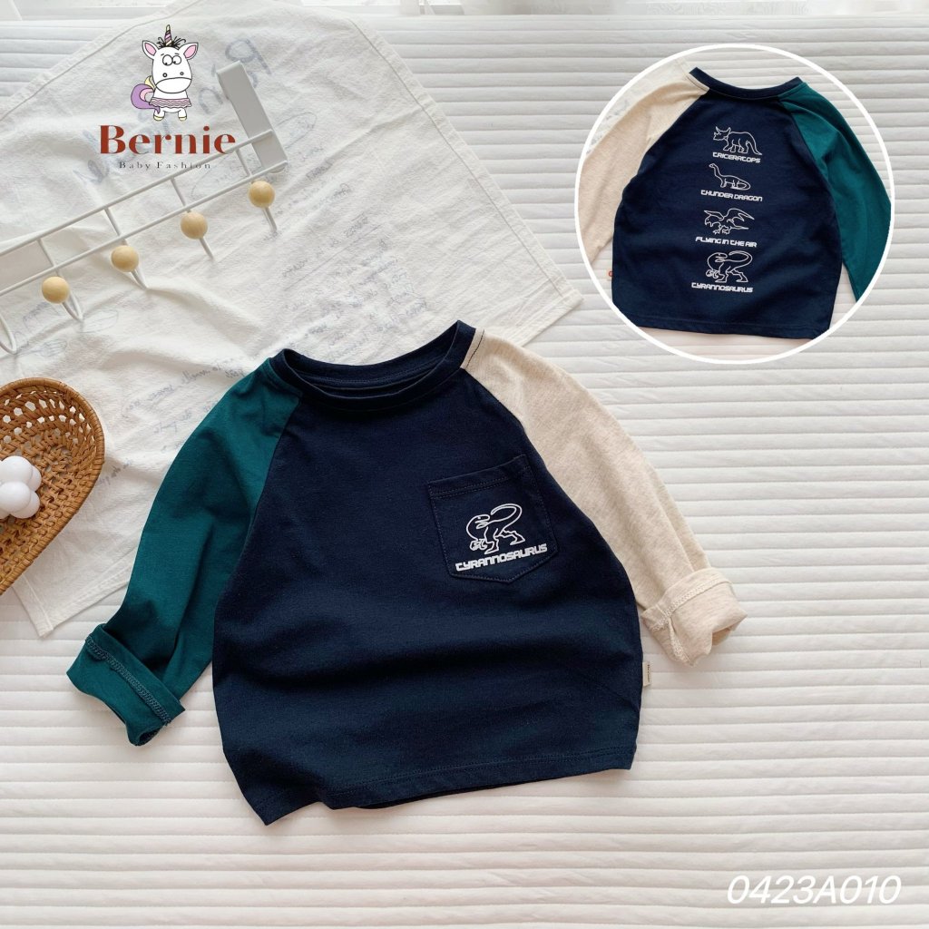 Áo dài tay thu đông cotton phối tay khủng long Bernie cho bé