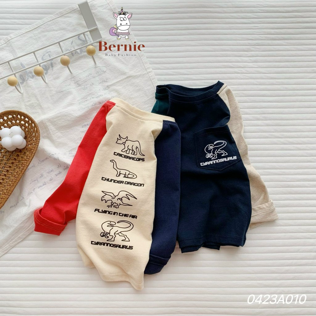 Áo dài tay thu đông cotton phối tay khủng long Bernie cho bé