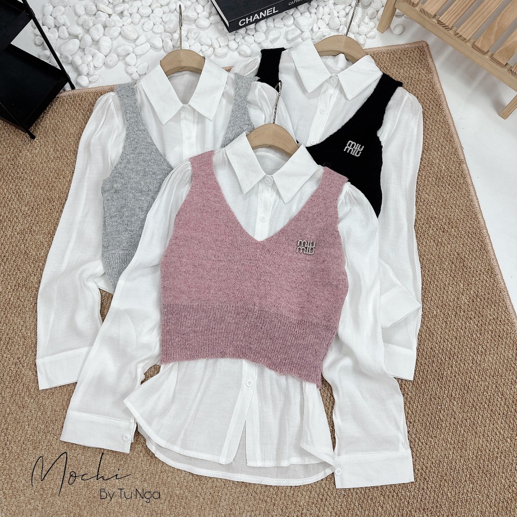 Set áo gile miu miu kèm sơ mi chất đũi hàng QC