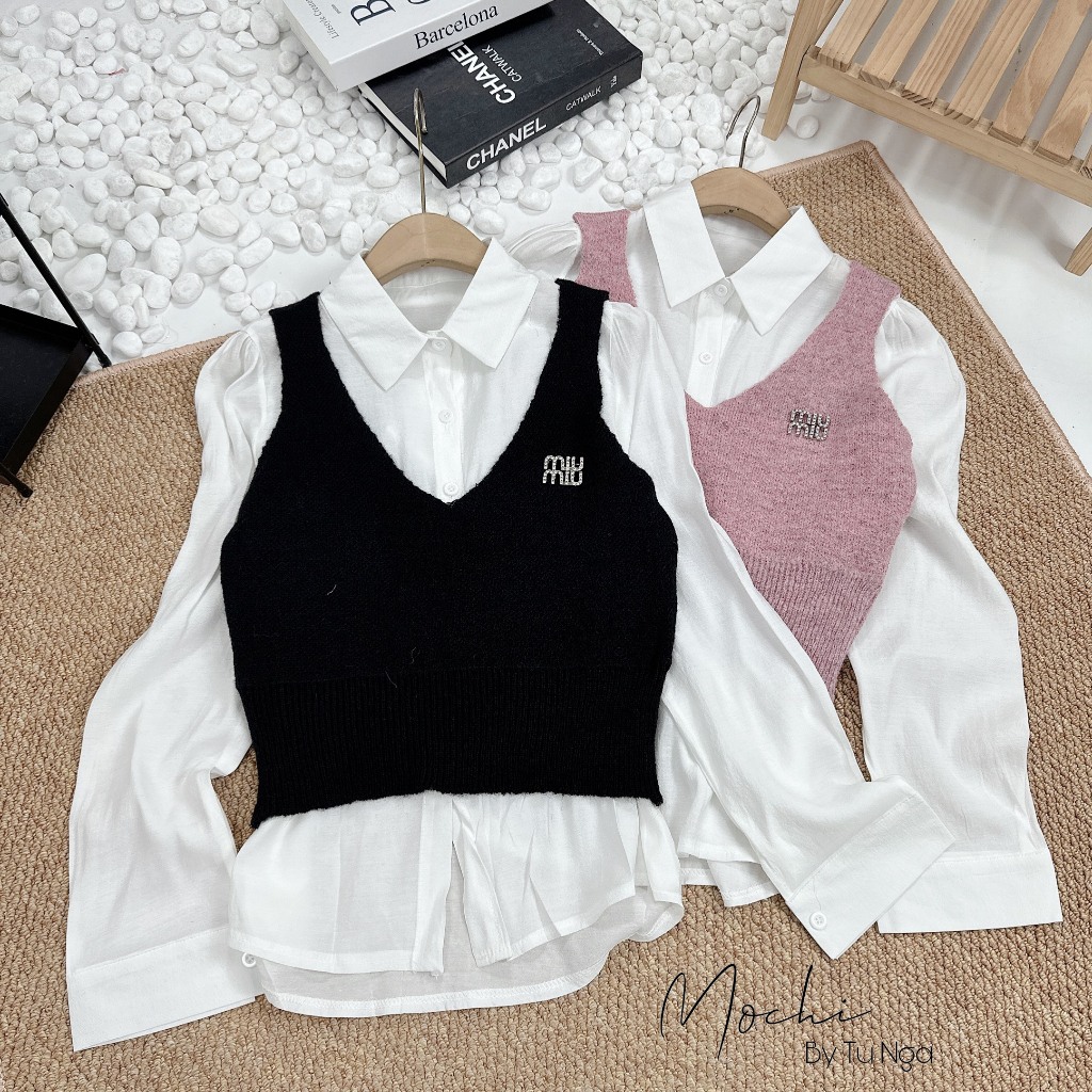 Set áo gile miu miu kèm sơ mi chất đũi hàng QC