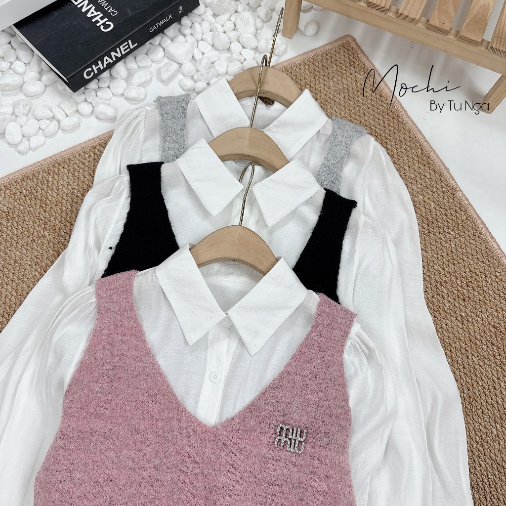 Set áo gile miu miu kèm sơ mi chất đũi hàng QC