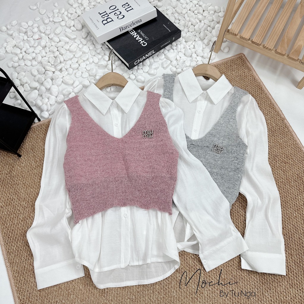 Set áo gile miu miu kèm sơ mi chất đũi hàng QC