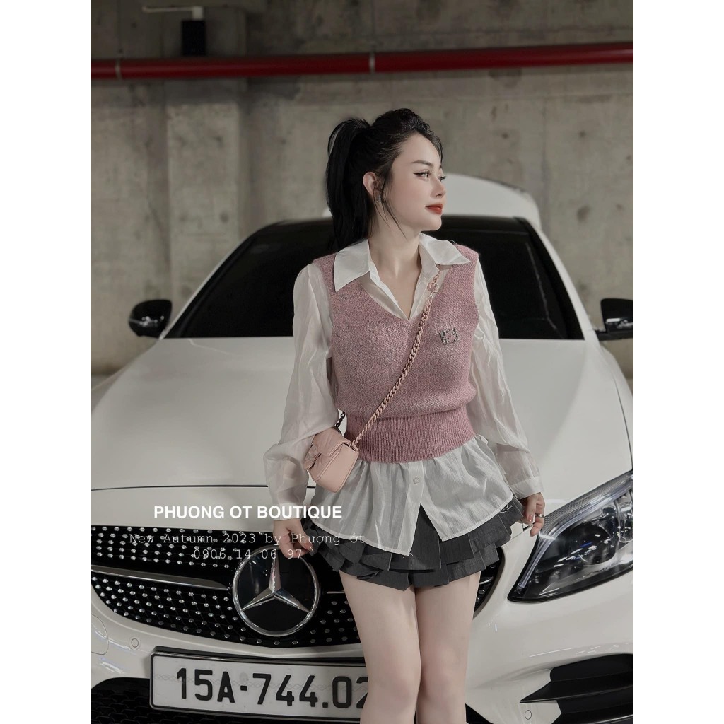 Set áo gile miu miu kèm sơ mi chất đũi hàng QC
