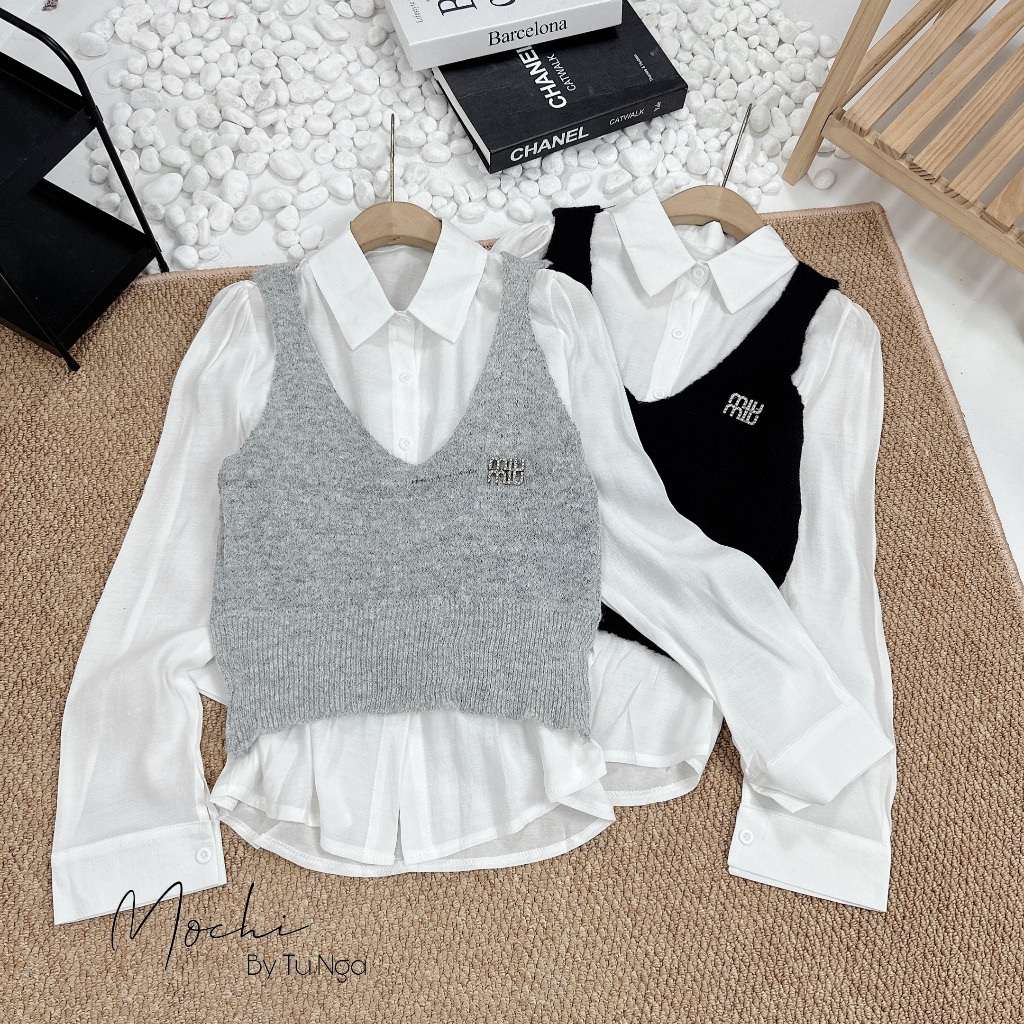 Set áo gile miu miu kèm sơ mi chất đũi hàng QC