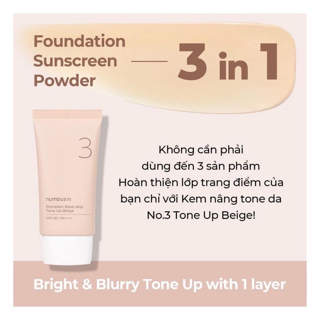 Kem Chống Nắng Nâng Tone Numbuzin No. 3 Porcelain Base-skip Tone Up Beige SPF50+ PA++++ 50ml