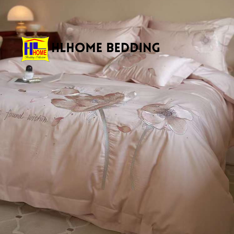 Bộ chăn ga lụa thêu hoa sen cao cấp hàng full box thoáng mát, mềm mại