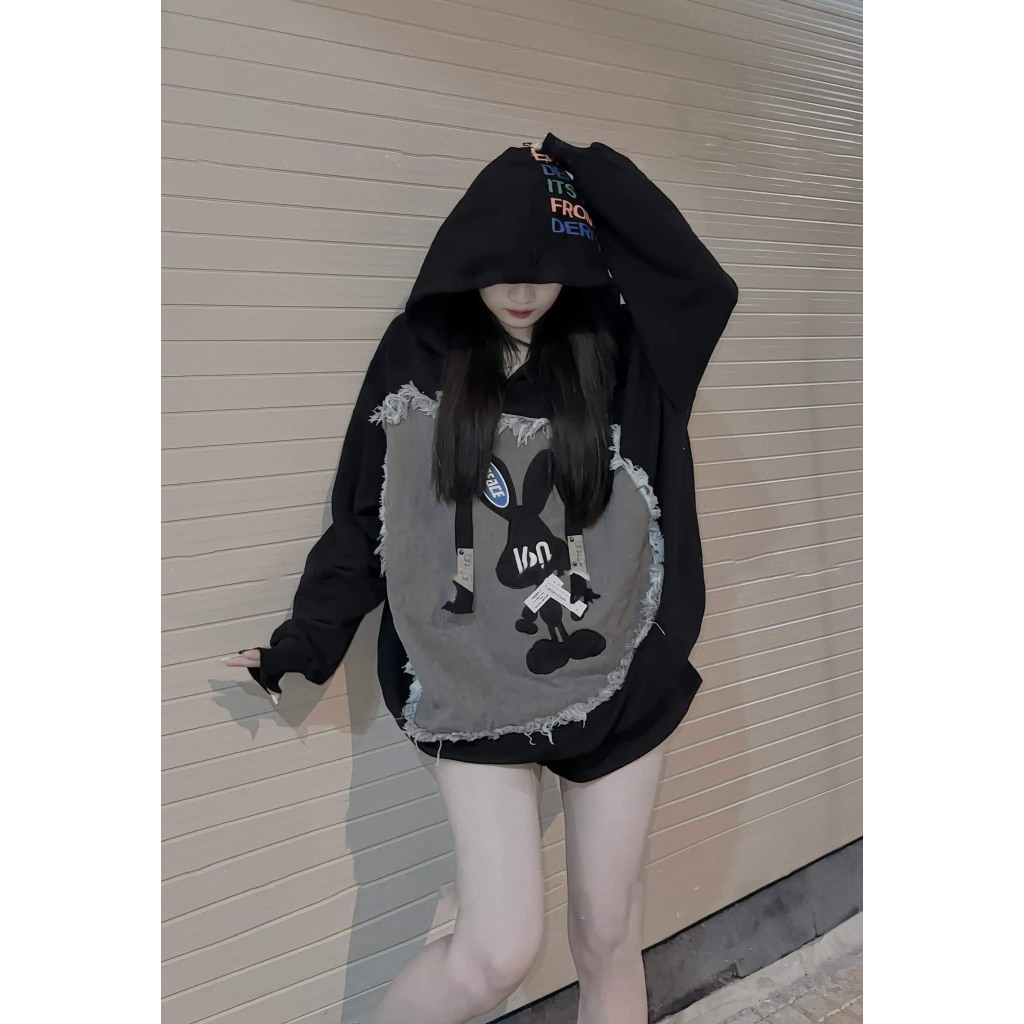 Áo hoodie nỉ bông mảng rách thời trang form suông nữ bongbong