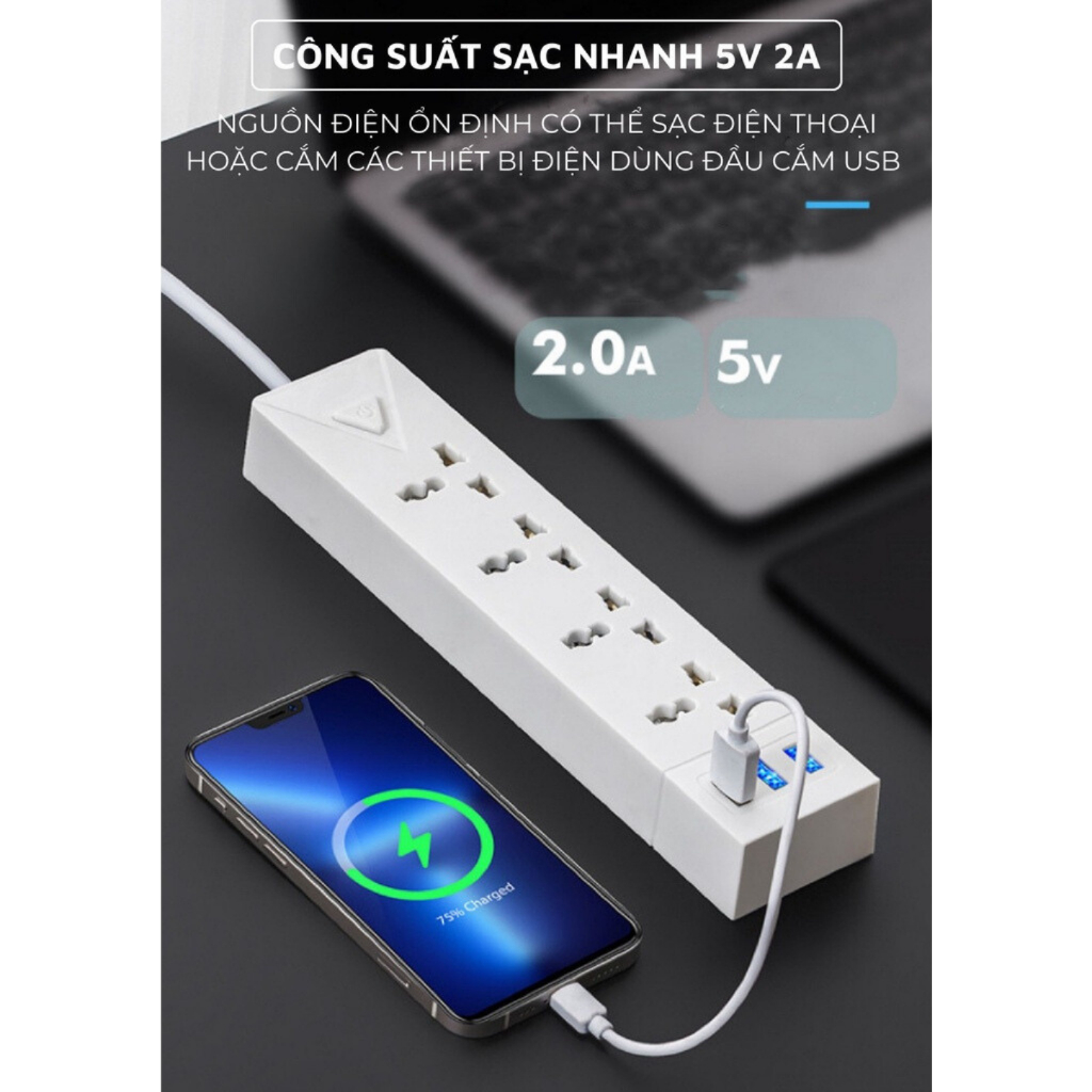 Ổ Cắm Điện Đa Năng GODWELL Chịu Tải 2500W Tích Hợp Cổng USB 5V Cắm Mọi Thiết Bị Dây Dài 4M