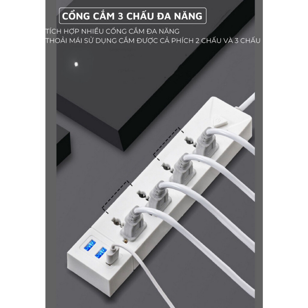 Ổ Cắm Điện Đa Năng GODWELL Chịu Tải 2500W Tích Hợp Cổng USB 5V Cắm Mọi Thiết Bị Dây Dài 4M