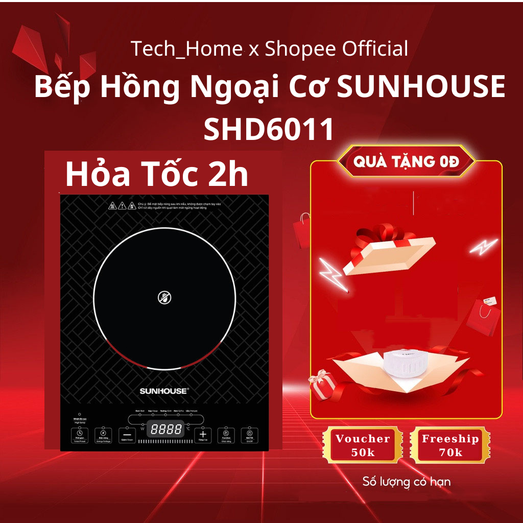 Bếp hồng ngoại cơ Sunhouse SHD6011 | Công suất 2000W | Bảo hành chính hãng 12 tháng | Phím bấm điện tử | 5 chế độ nấu